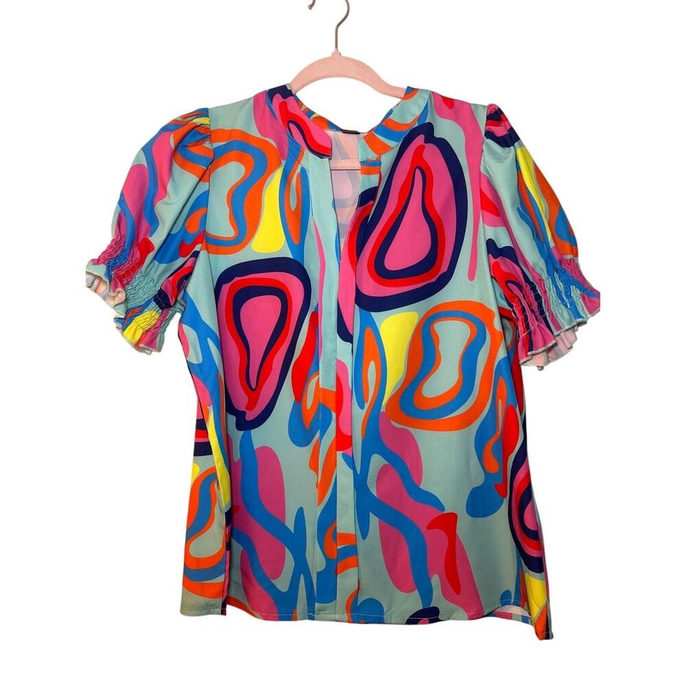 SHEIN Women’s Abstract Swirl Print Short Sleeve Top Multicolor NWT Large